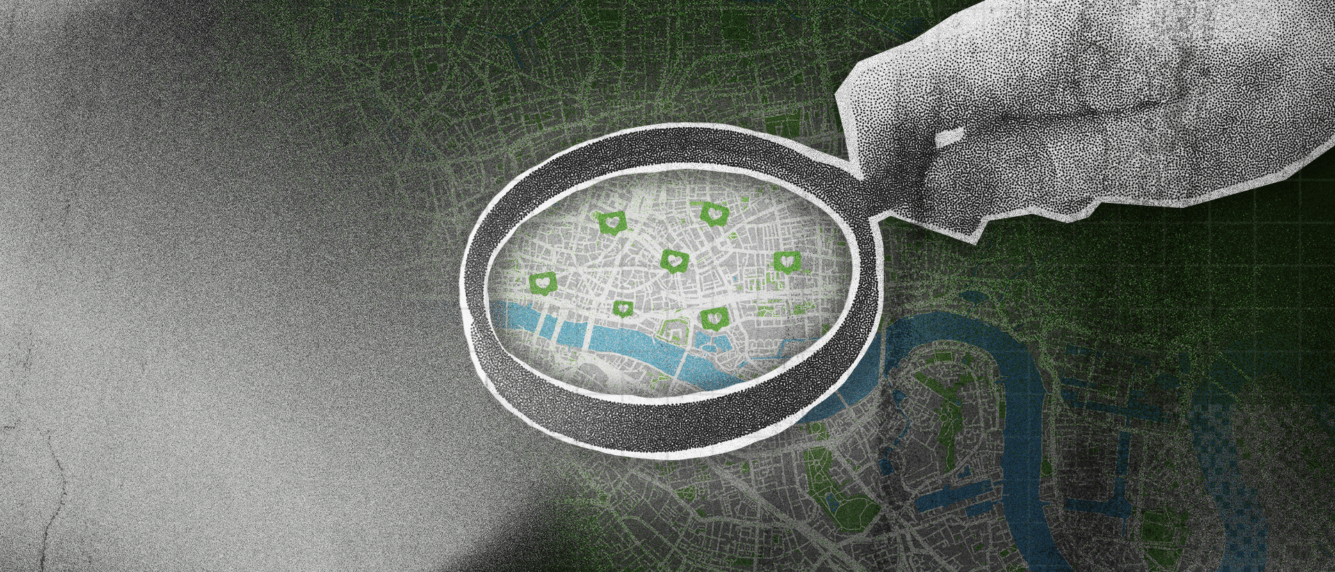 A grainy magnifying glass hovering over heart icons on a map, signifying local social engagement.