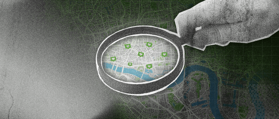 A grainy magnifying glass hovering over heart icons on a map, signifying local social engagement.