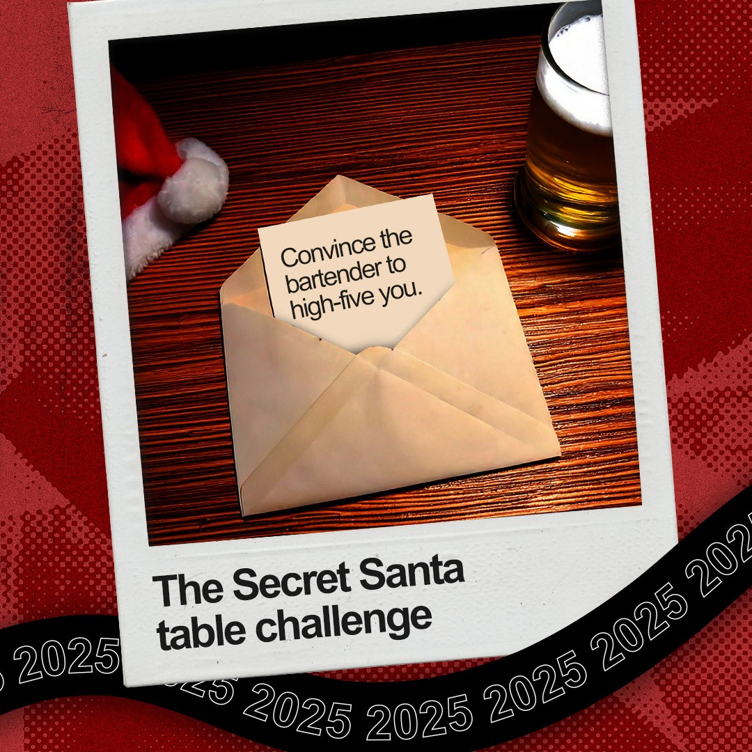 A photograph of a “Secret Santa table challenge” in an envelope: “Convince the bartender to high-five you.” 