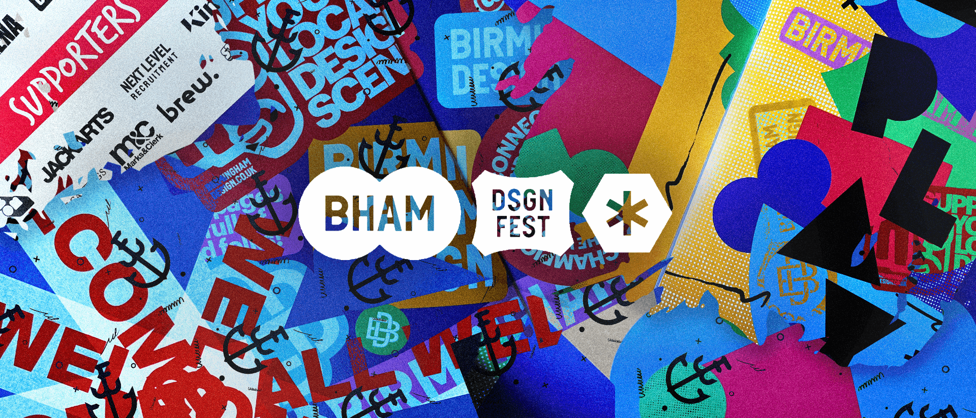 Birmingham Design Fest over a background of colourful torn paper and graffiti.