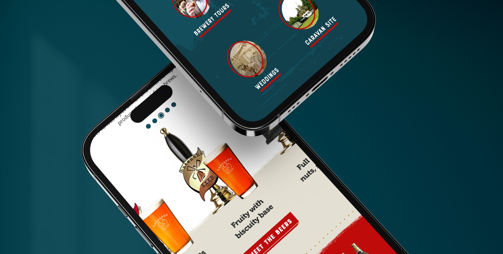 Two overlapping iPhones showing different pages of the Batemans Brewery website. 