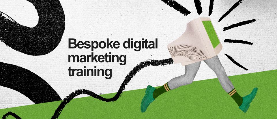 A computer with legs running ahead of “bespoke digital marketing training.”