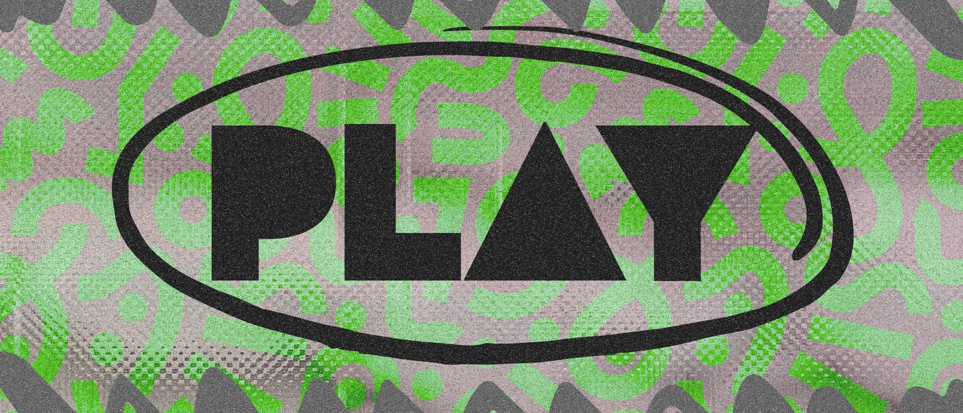 “Play” written over a stylised background of green icons. 