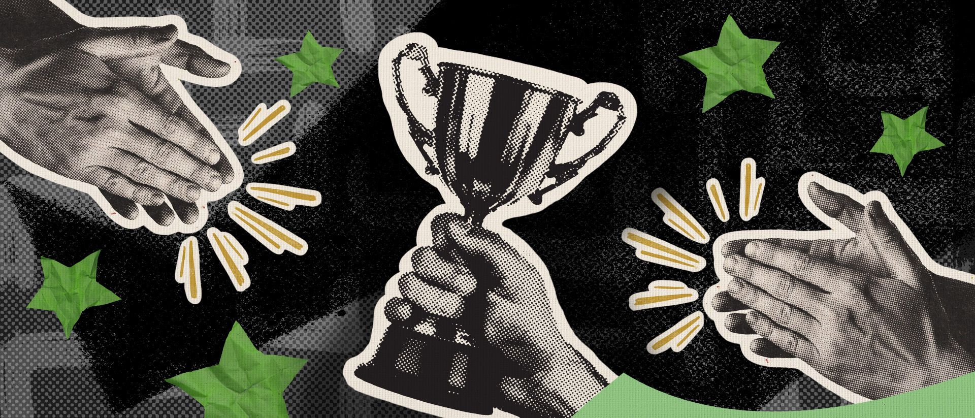 Black-and-white clapping hands and a trophy.