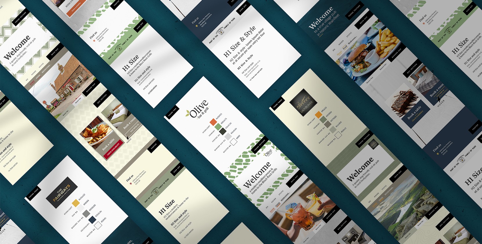 A style tile of different website designs and colour schemes, showing off the flexibility of Brew.web for multi-site brands. 