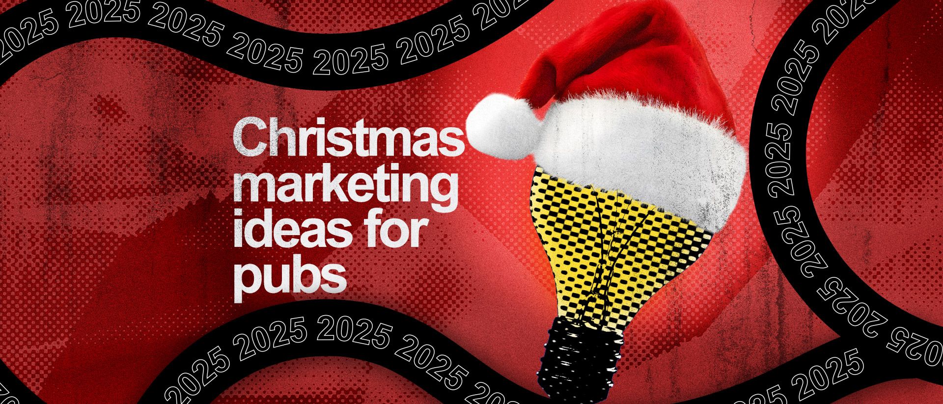 Christmas marketing ideas for pubs is written next to a lightbulb with a Christmas hat on. 