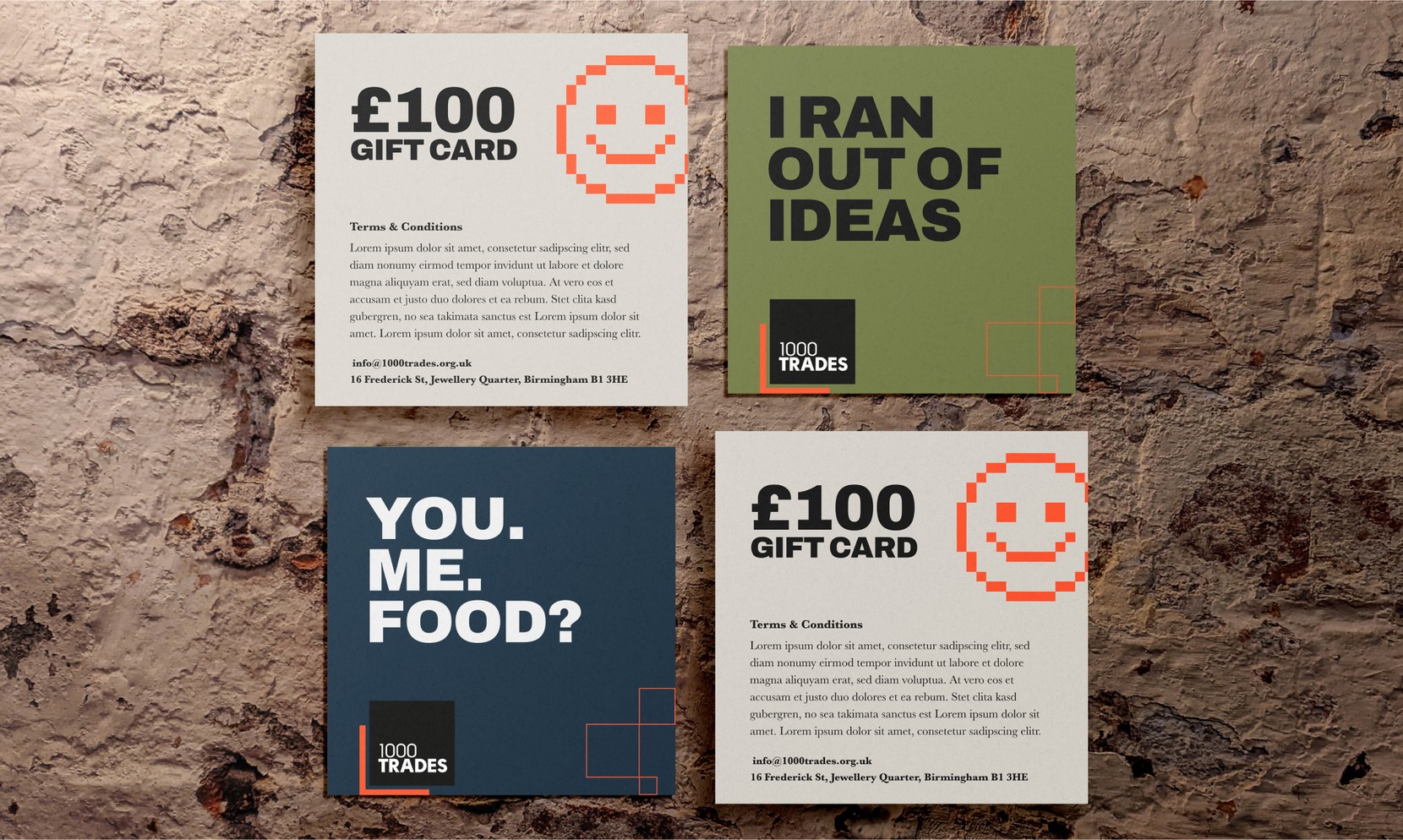 A graphic showing branding designs against a brick wall background.