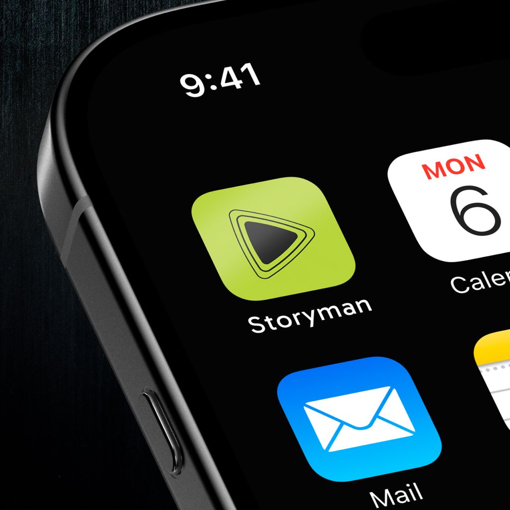 A mock-up of the new Storyman app logo as it would appear on an iPhone. 