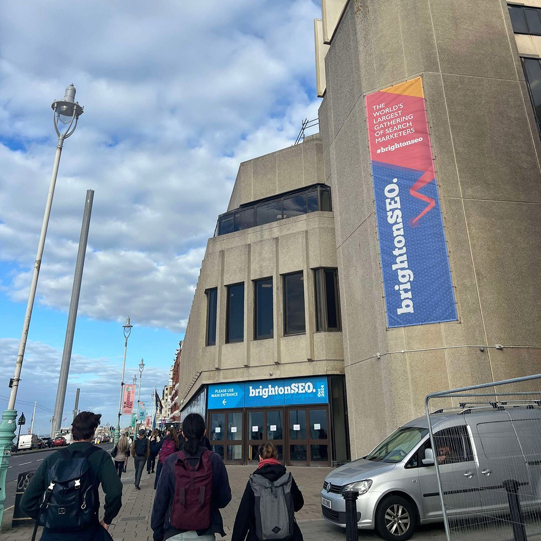 The venue of BrightonSEO, set against the blue skies of Brighton.